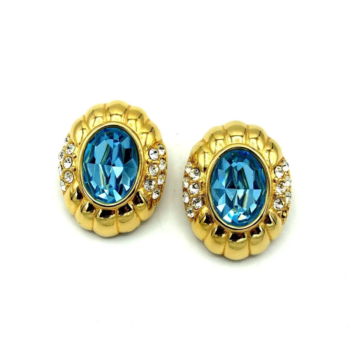 Gold Nolan Miller Blue Topaz Rhinestone Vintage Clip-On Earrings