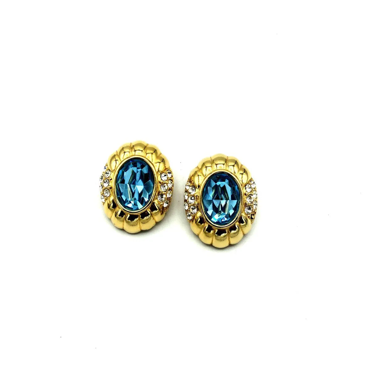 Gold Nolan Miller Blue Topaz Rhinestone Vintage Clip-On Earrings