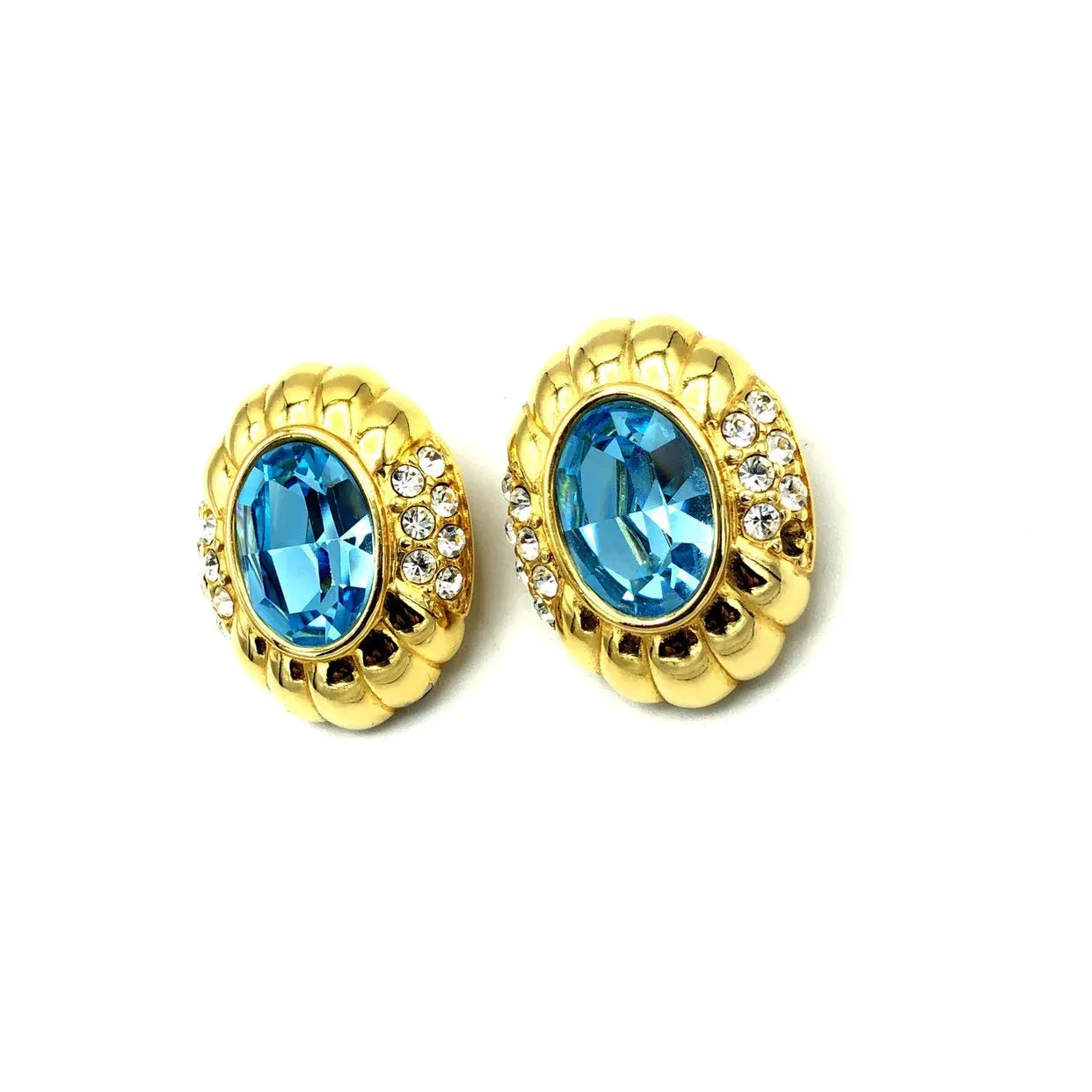 Gold Nolan Miller Blue Topaz Rhinestone Vintage Clip-On Earrings