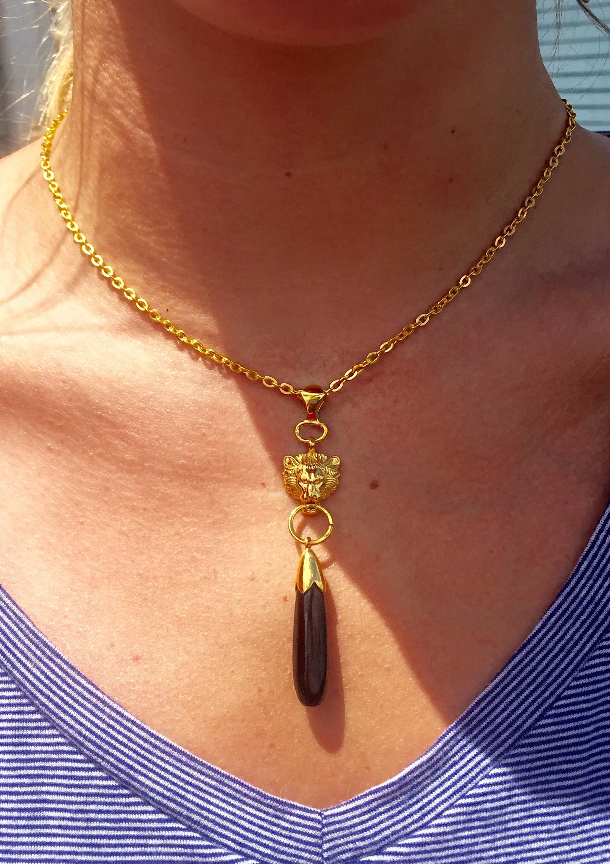 Gold Plated Lion Head Pendant w/Onyx Stone
