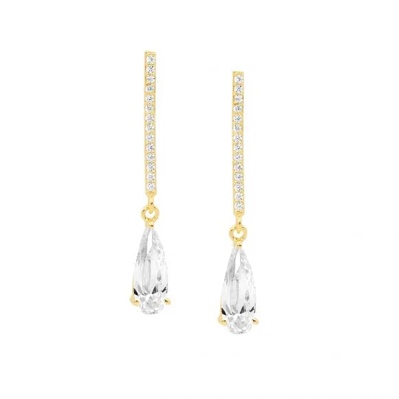 Gold Plated Sterling Silver Long Tear Drop Cubic Zirconia Earrings E569G