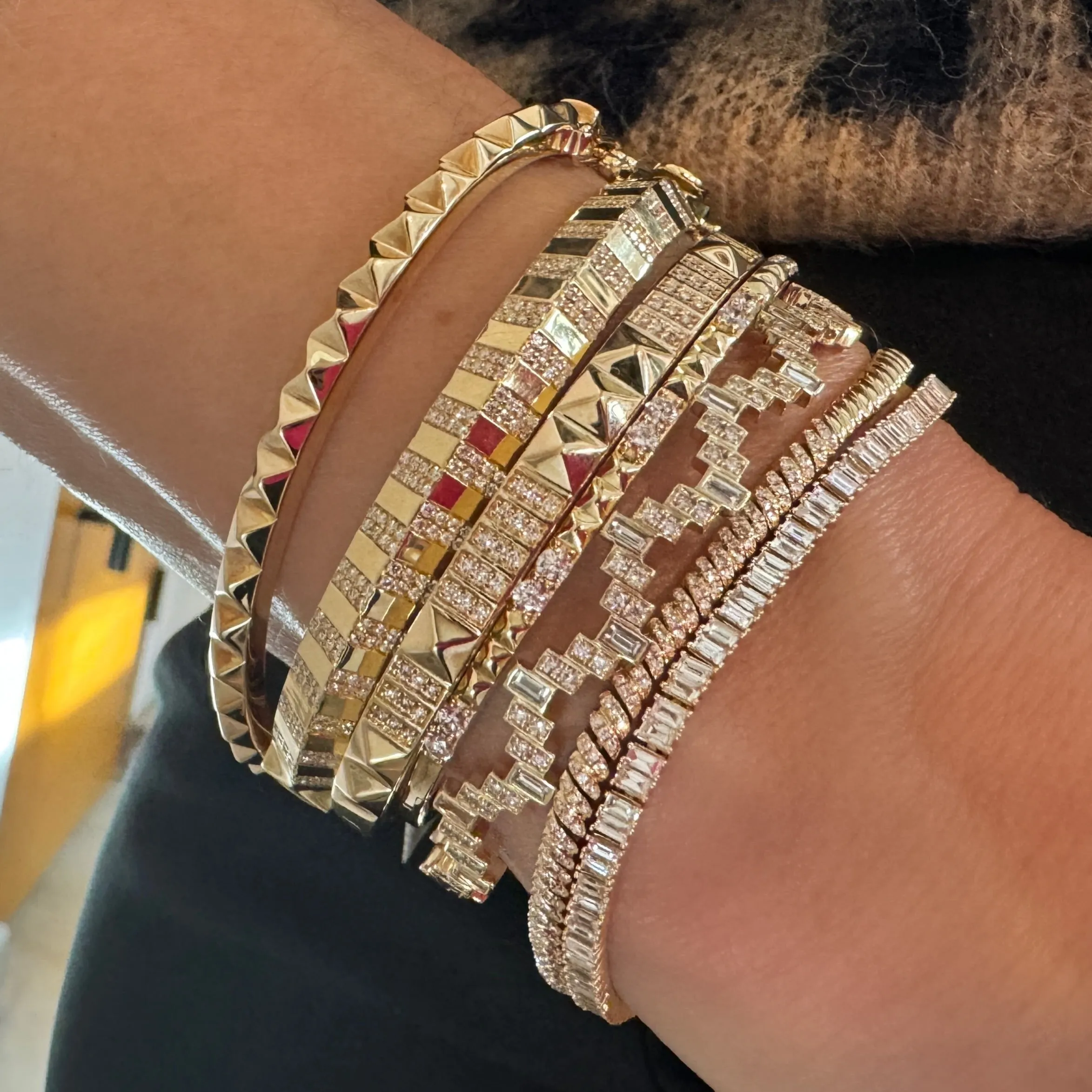 Gold Pyramid & Diamond Bangle Bracelet