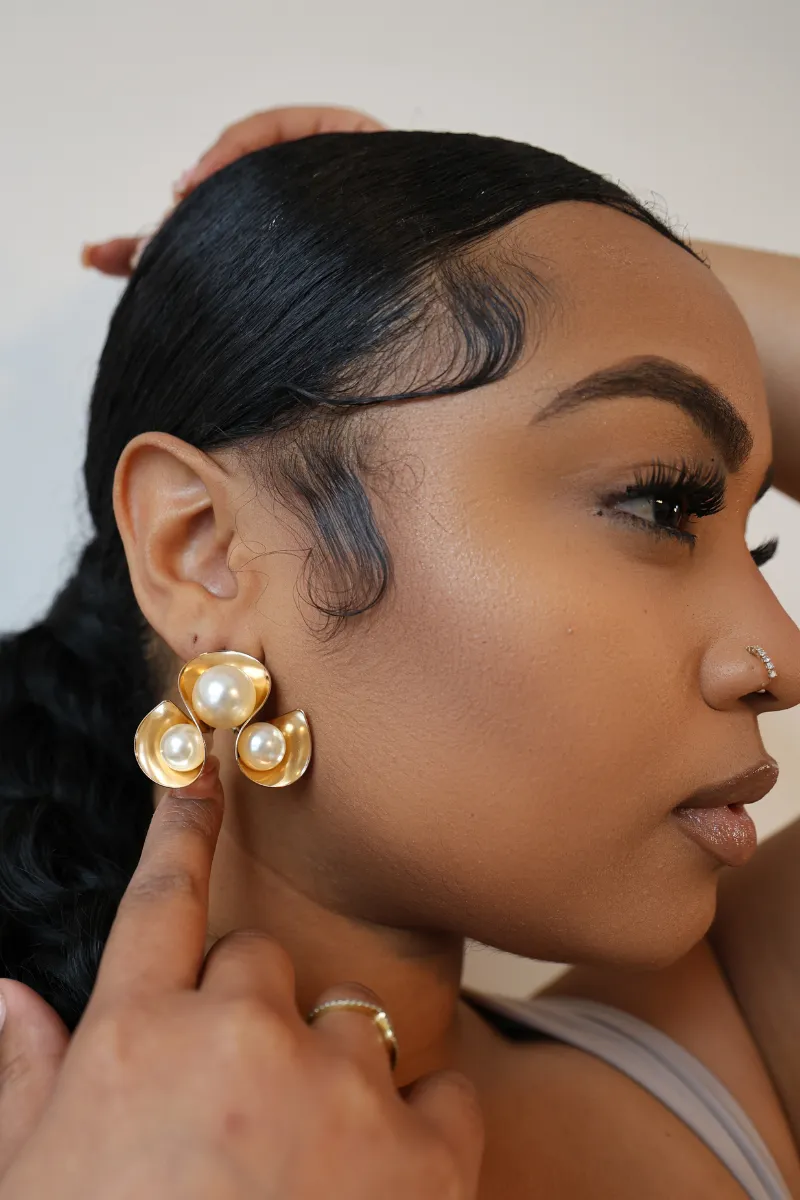 Gold Triple Looped Cream Pearl Earrings
