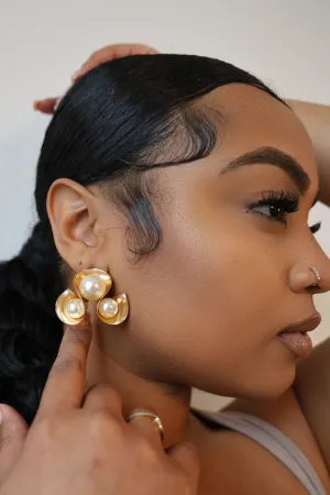 Gold Triple Looped Cream Pearl Earrings