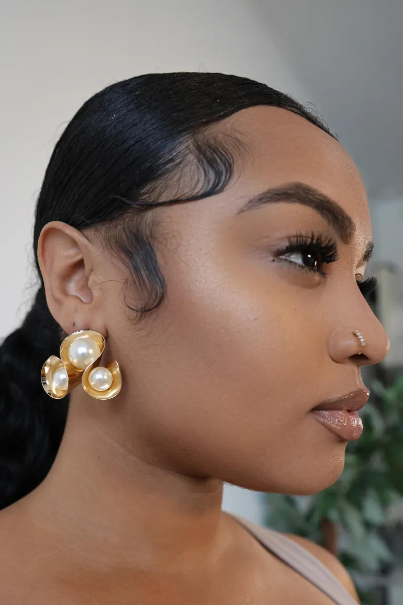 Gold Triple Looped Cream Pearl Earrings