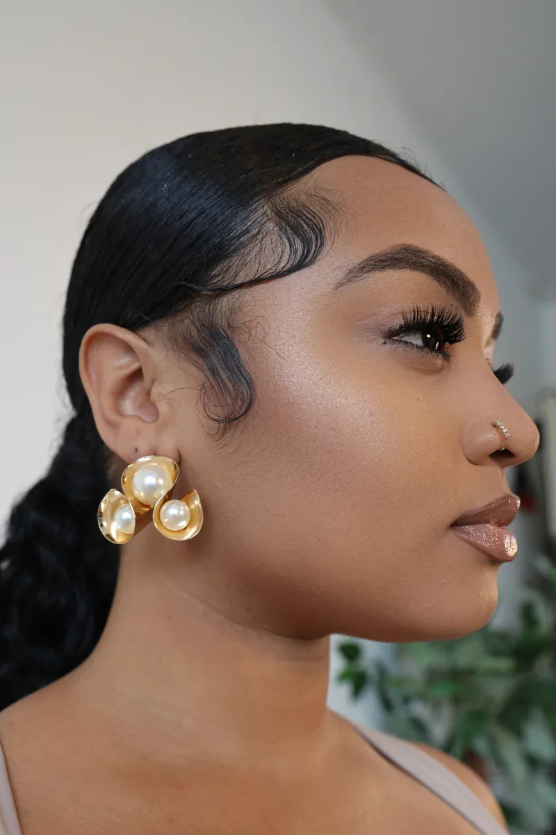 Gold Triple Looped Cream Pearl Earrings