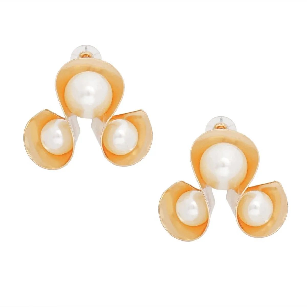 Gold Triple Looped Cream Pearl Earrings