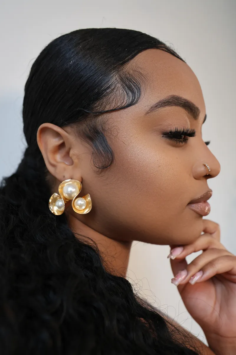Gold Triple Looped Cream Pearl Earrings