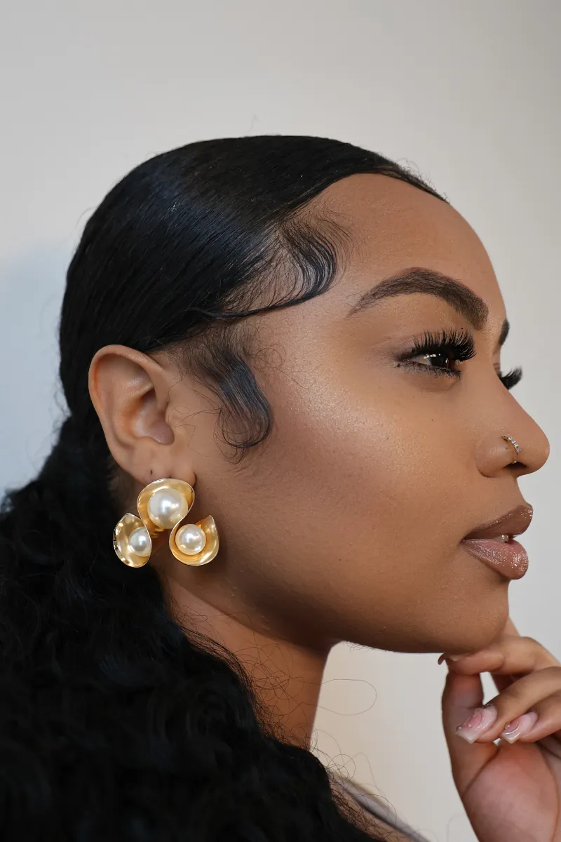Gold Triple Looped Cream Pearl Earrings