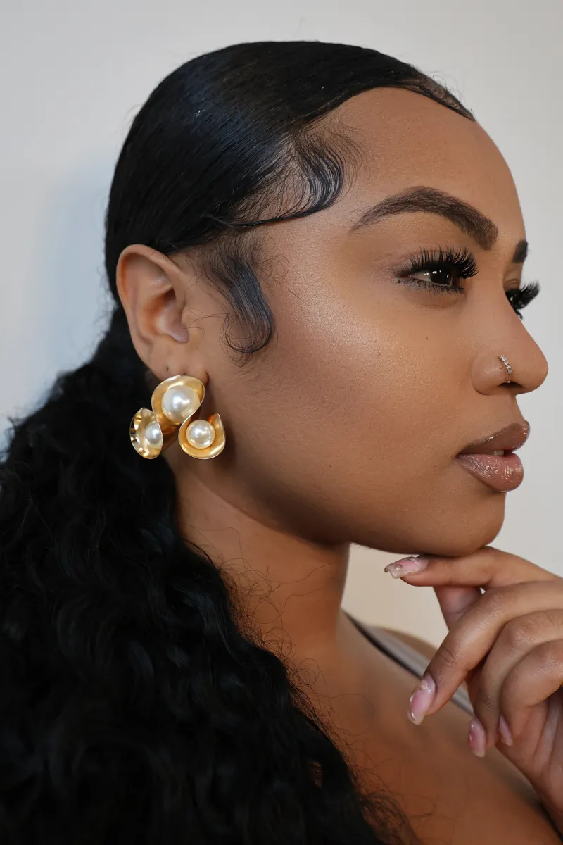 Gold Triple Looped Cream Pearl Earrings