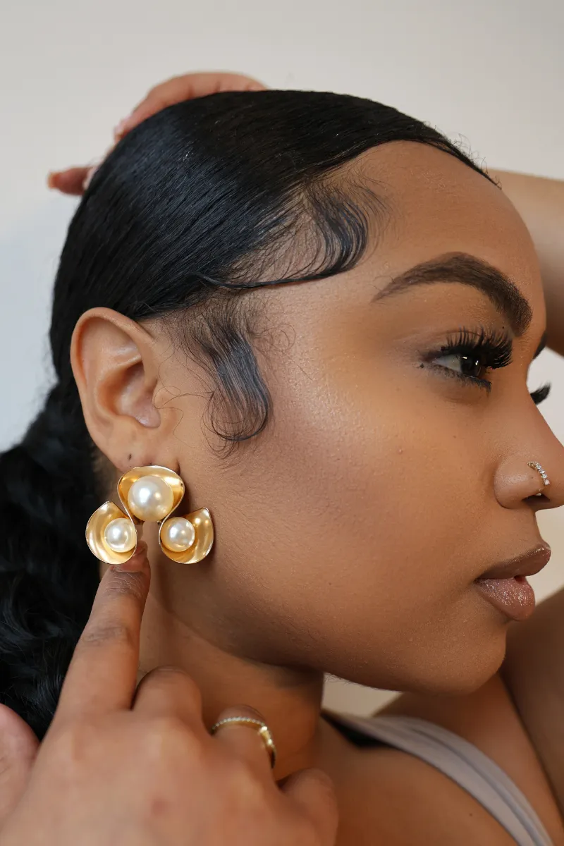 Gold Triple Looped Cream Pearl Earrings