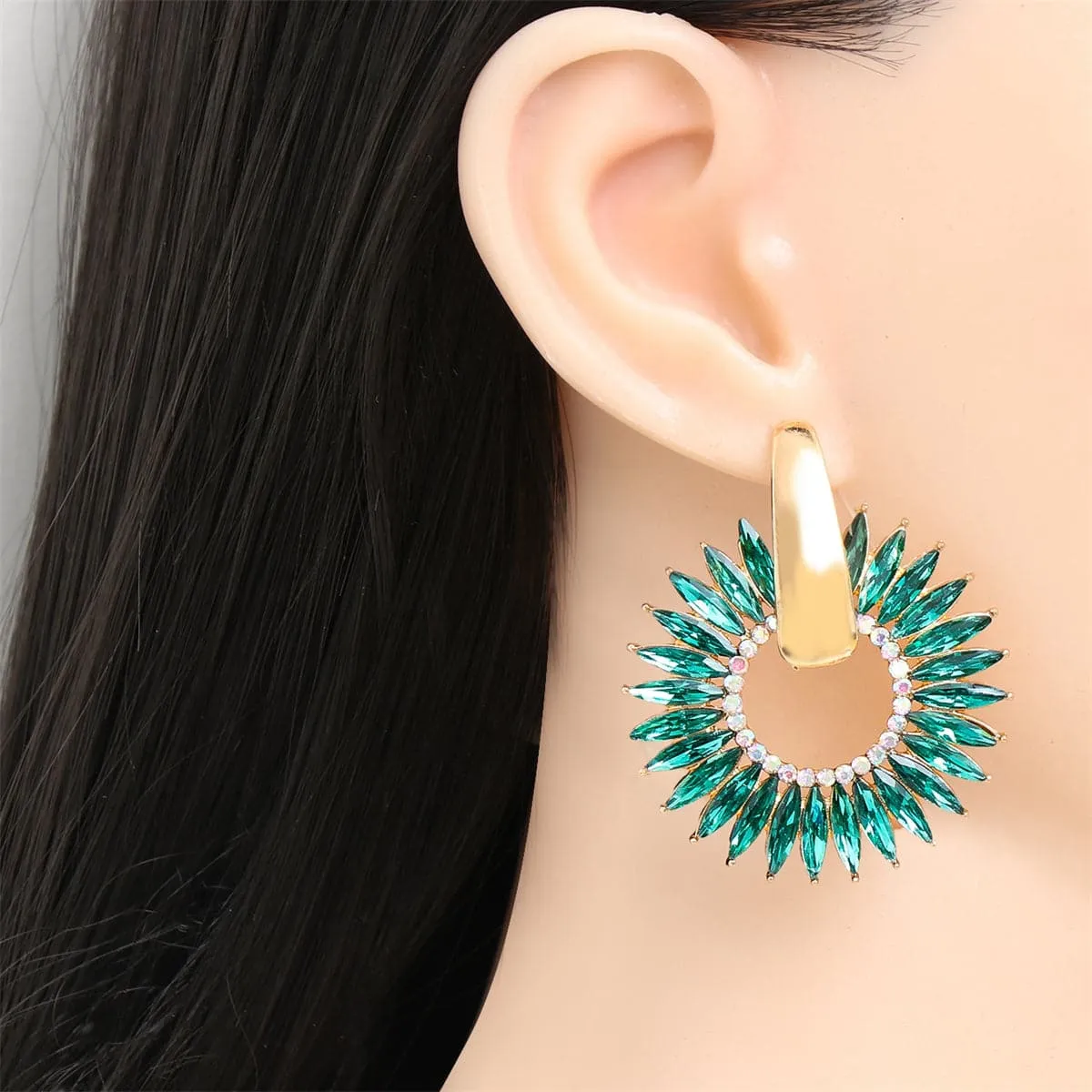 Green Crystal & Cubic Zirconia 18K Gold-Plated Sunflower Dangle Earring