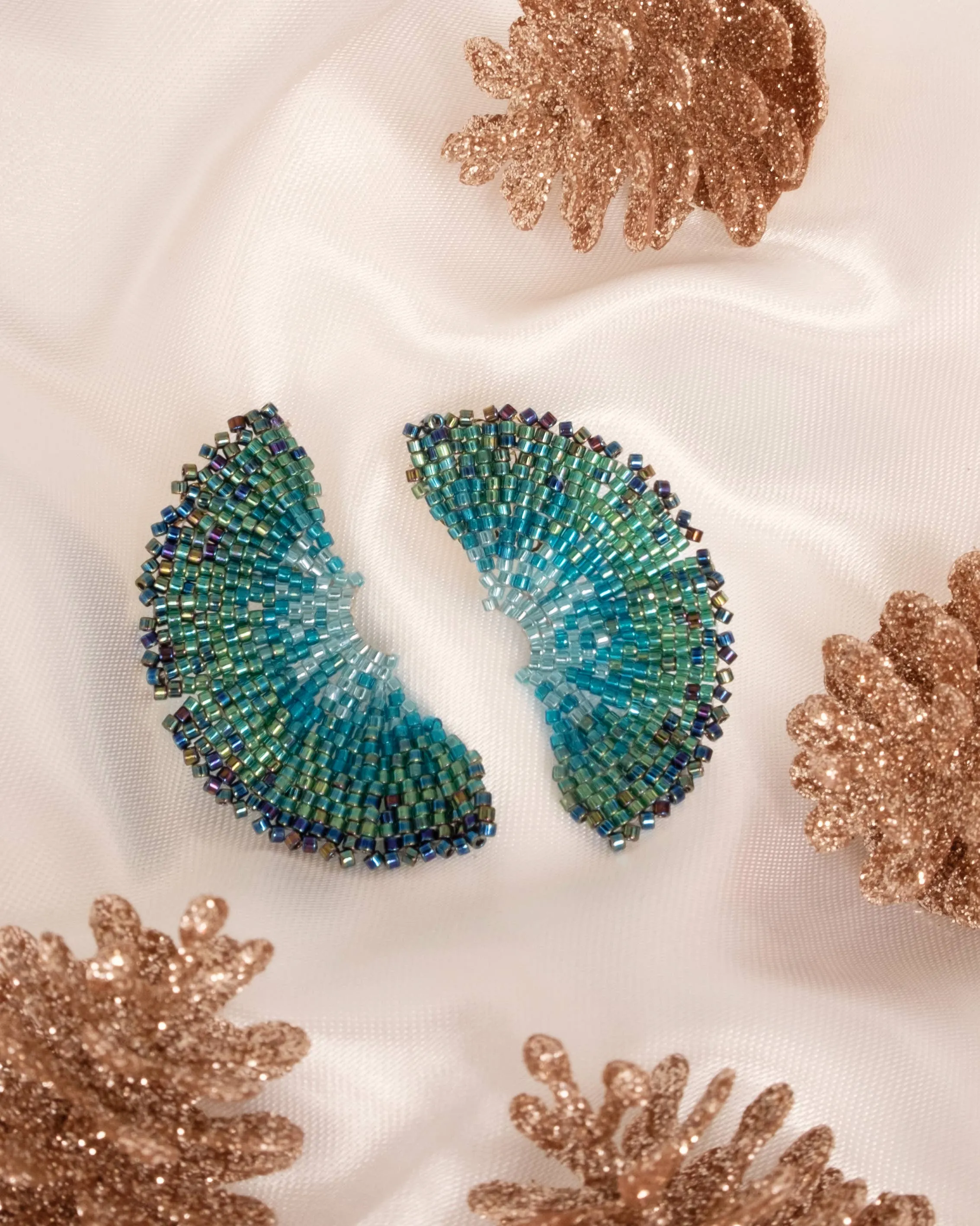 Green Ginkgo Leaf Beaded Handwoven Stud Earrings