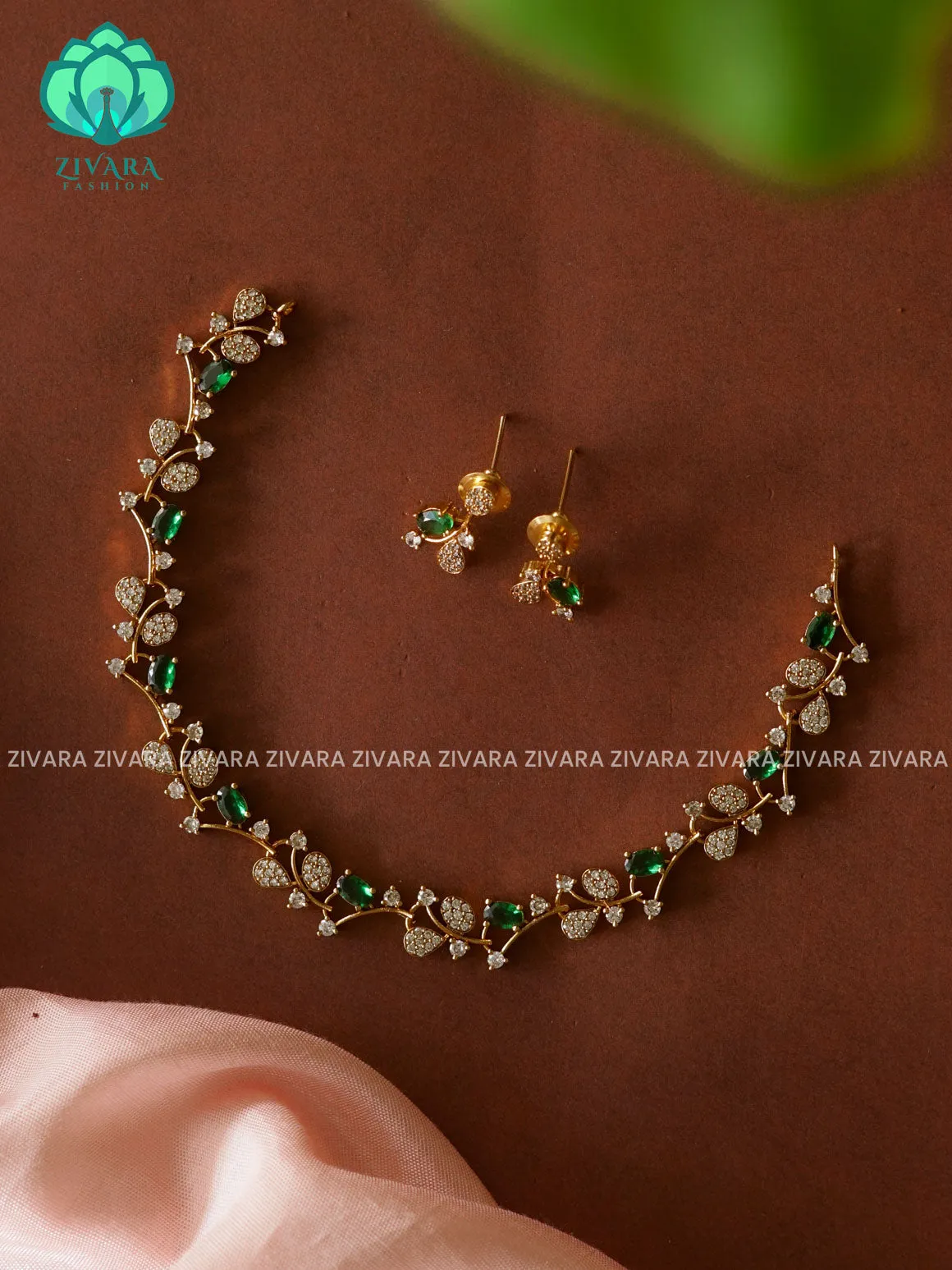 GREEN KIDS FRIENDLY SMALL SIZE LEAF  - stylish and minimal elegant neckwear with earrings- Zivara FashioN