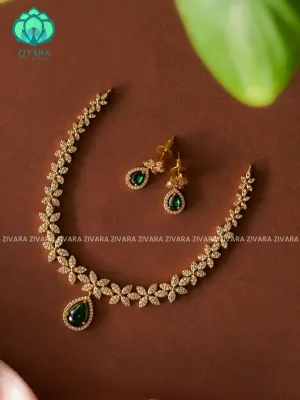 GREEN Leafy motif with red pendant - stylish and minimal elegant neckwear with earrings- Zivara FashioN