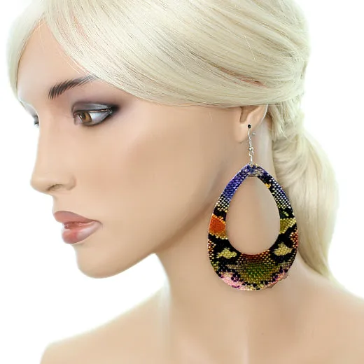 Green Orange Snakeskin Teardrop Earrings