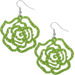 Green Wooden Polka Dot Cutout Flower Earrings