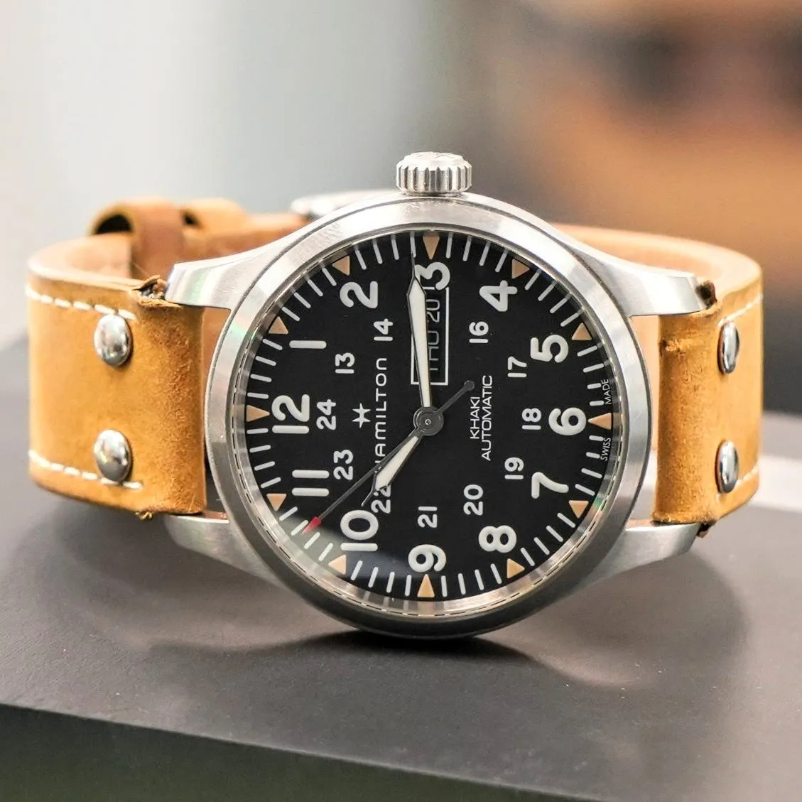 HAMILTON Khaki Field Day Date Auto Watch H705350 42mm 12/24-Dial Wristwatch - Double Box!