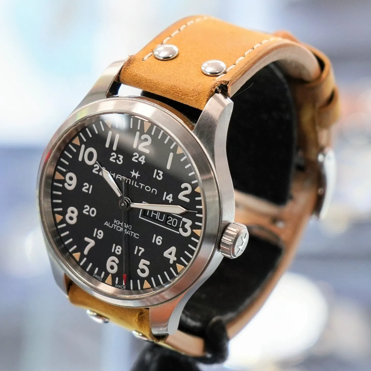 HAMILTON Khaki Field Day Date Auto Watch H705350 42mm 12/24-Dial Wristwatch - Double Box!