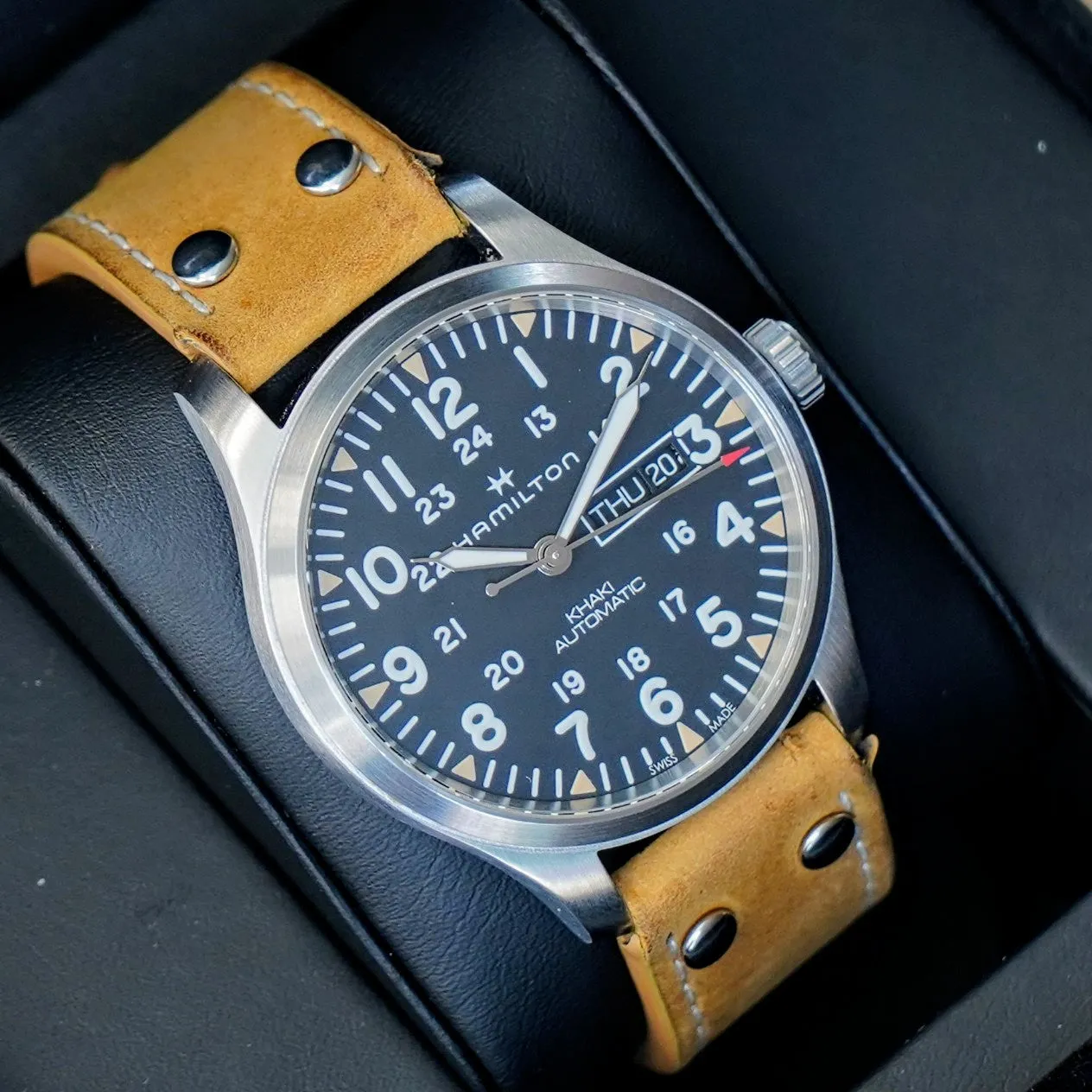 HAMILTON Khaki Field Day Date Auto Watch H705350 42mm 12/24-Dial Wristwatch - Double Box!