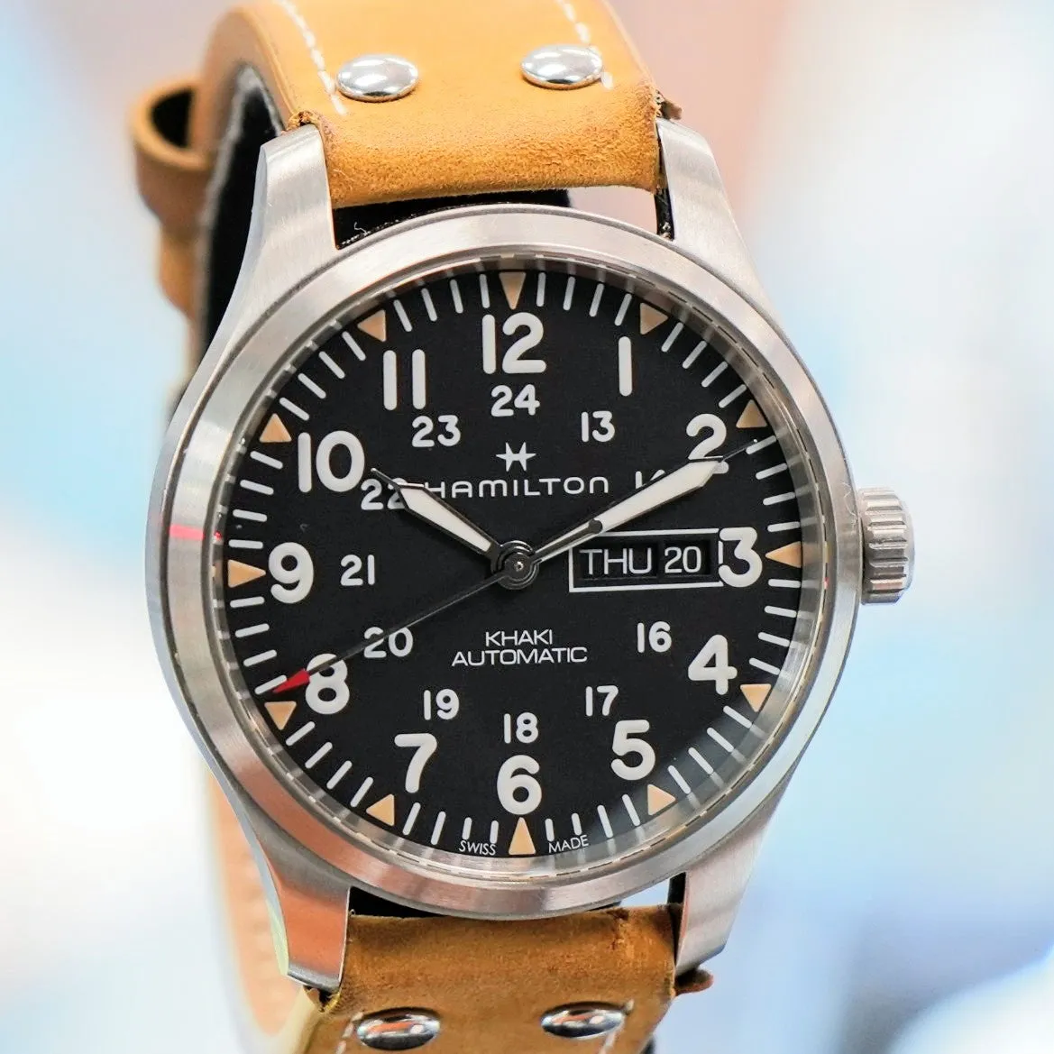 HAMILTON Khaki Field Day Date Auto Watch H705350 42mm 12/24-Dial Wristwatch - Double Box!