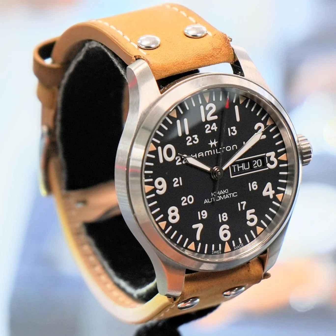 HAMILTON Khaki Field Day Date Auto Watch H705350 42mm 12/24-Dial Wristwatch - Double Box!