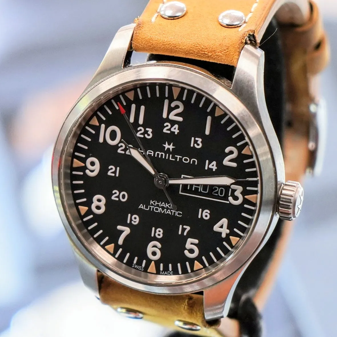 HAMILTON Khaki Field Day Date Auto Watch H705350 42mm 12/24-Dial Wristwatch - Double Box!