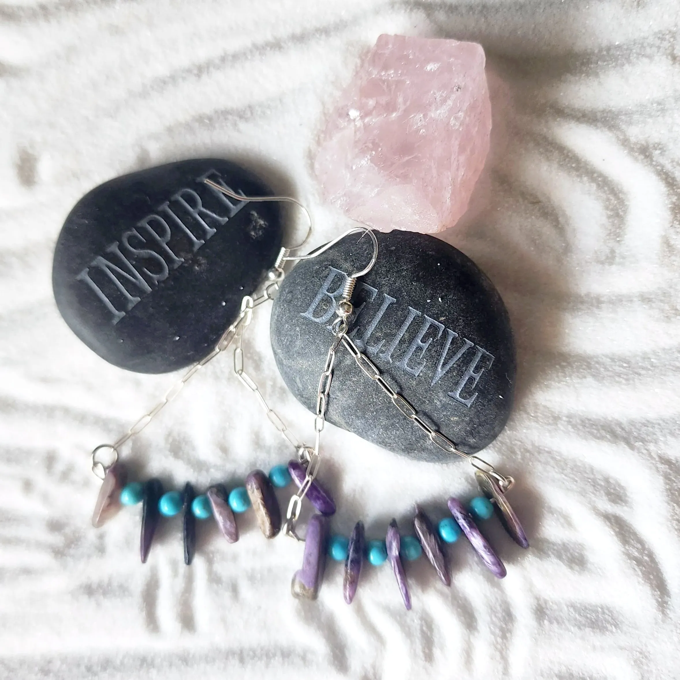 Handmade Sterling Silver Boho Earrings with Charoite & Turquoise Howlite Beads | Positive Energy Jewelry"