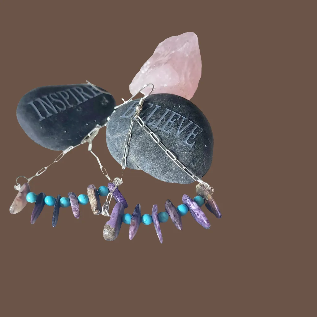 Handmade Sterling Silver Boho Earrings with Charoite & Turquoise Howlite Beads | Positive Energy Jewelry"