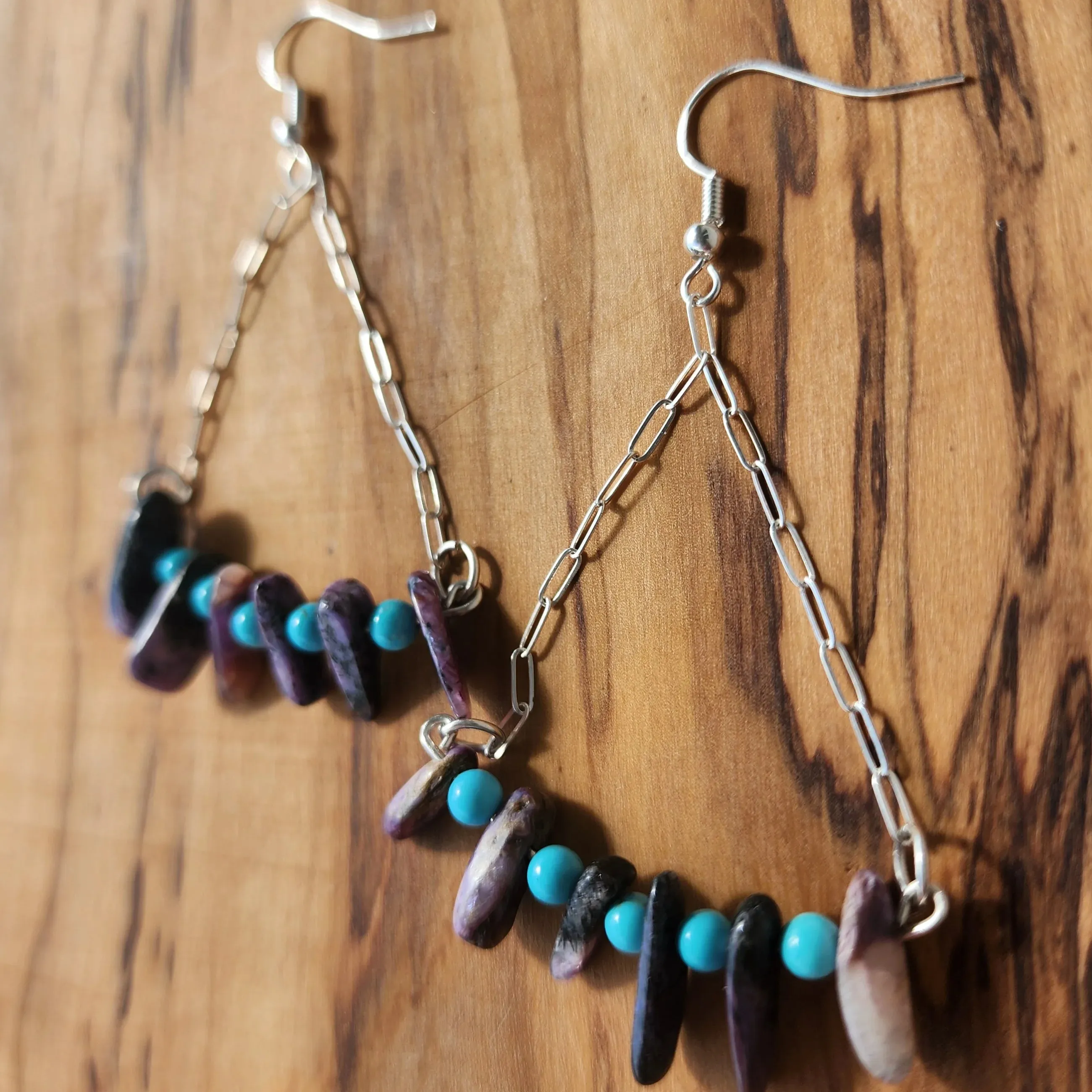 Handmade Sterling Silver Boho Earrings with Charoite & Turquoise Howlite Beads | Positive Energy Jewelry"