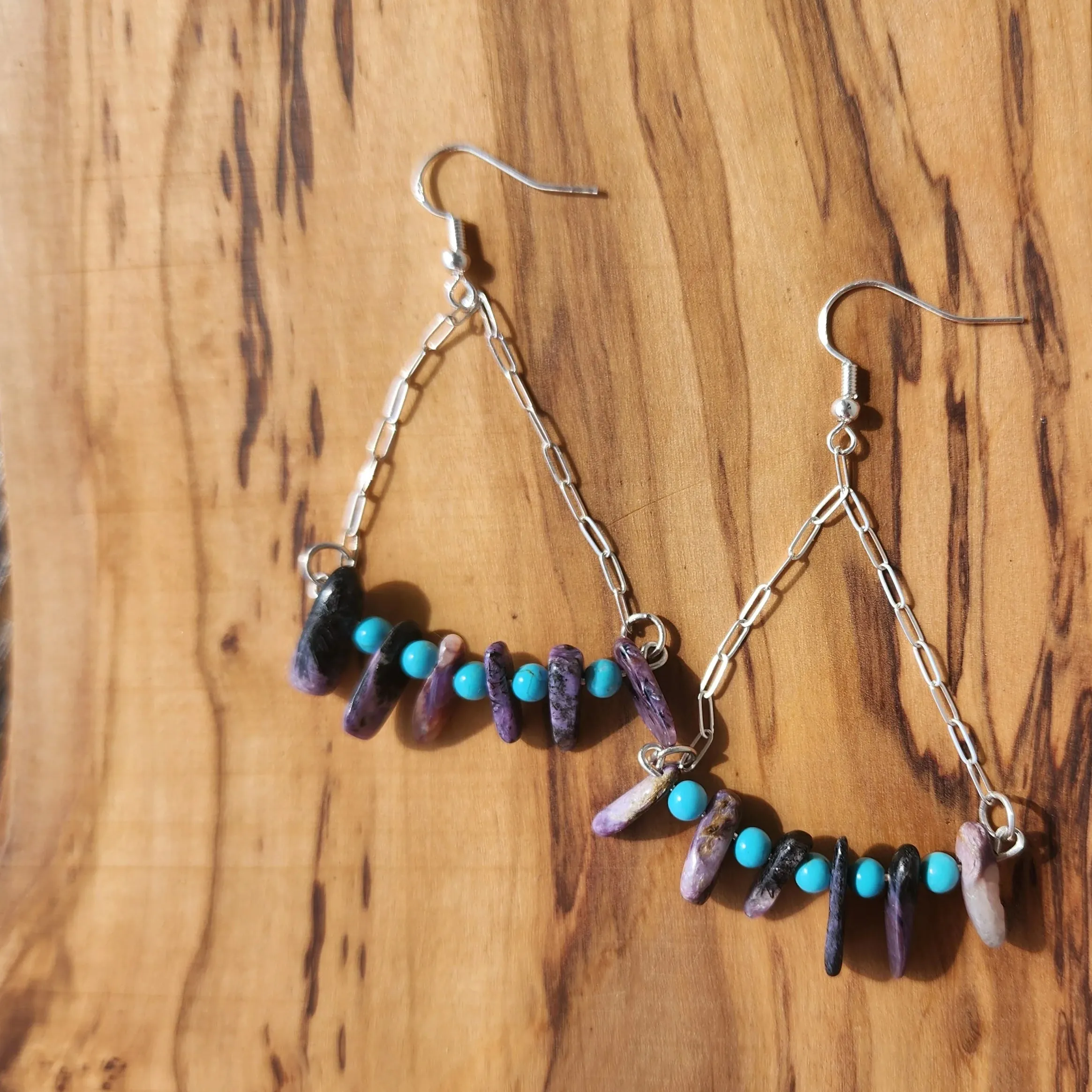Handmade Sterling Silver Boho Earrings with Charoite & Turquoise Howlite Beads | Positive Energy Jewelry"