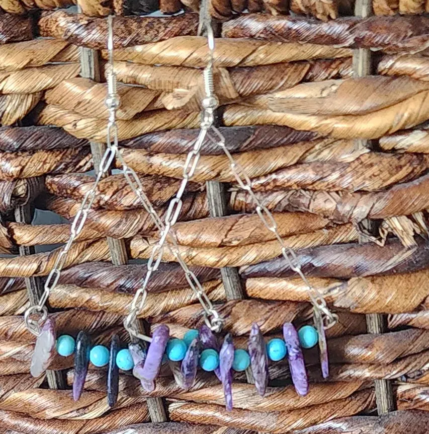 Handmade Sterling Silver Boho Earrings with Charoite & Turquoise Howlite Beads | Positive Energy Jewelry"