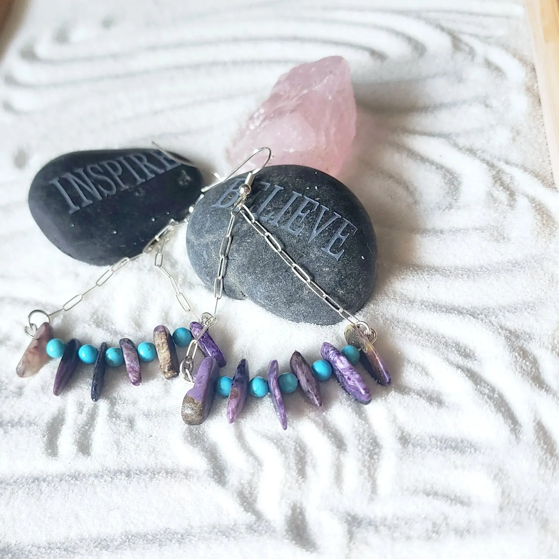 Handmade Sterling Silver Boho Earrings with Charoite & Turquoise Howlite Beads | Positive Energy Jewelry"