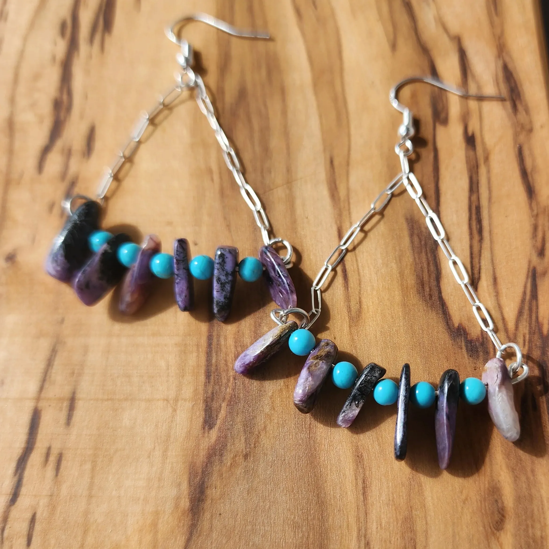 Handmade Sterling Silver Boho Earrings with Charoite & Turquoise Howlite Beads | Positive Energy Jewelry"