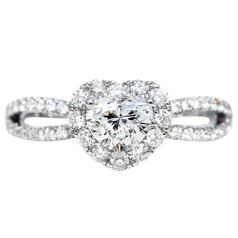 Heart Shape Split Shank GIA Diamond Halo Ring