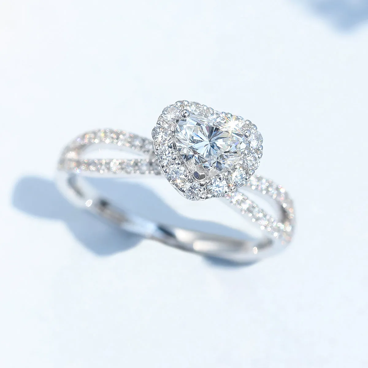 Heart Shape Split Shank GIA Diamond Halo Ring