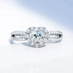 Heart Shape Split Shank GIA Diamond Halo Ring