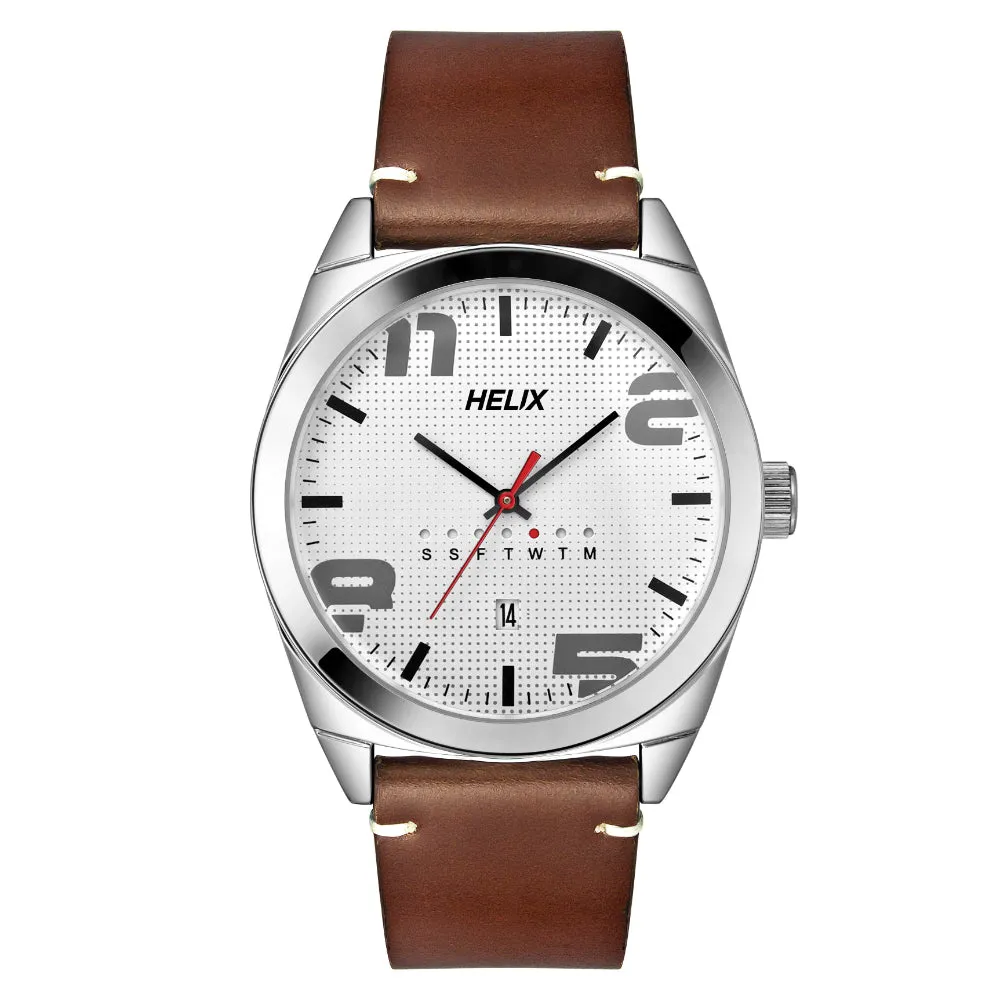 Helix By Timex Silver Round Analog Leather Watch Men -TW044HG00