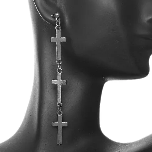 Hematite Cross Post Drop Earrings
