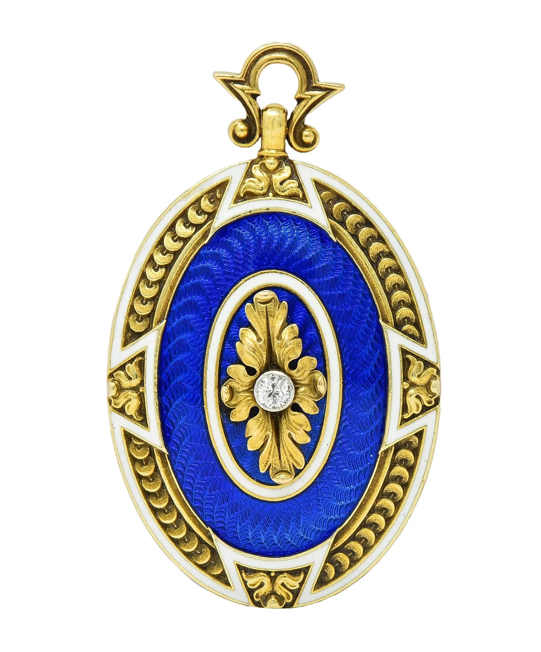 Henry Blank & Co. Victorian Diamond Guilloche Enamel 14 Karat Gold Antique Locket Pendant