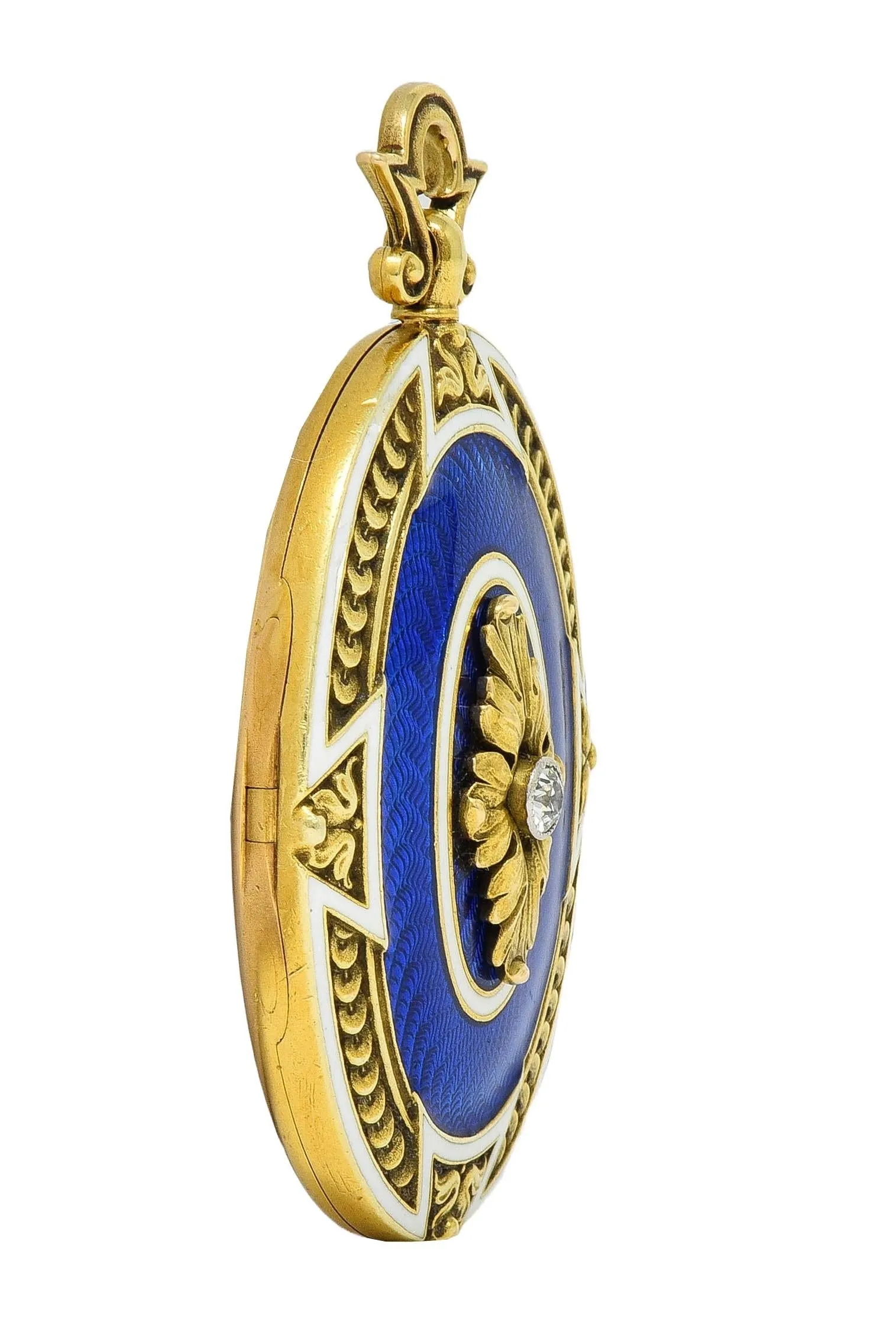Henry Blank & Co. Victorian Diamond Guilloche Enamel 14 Karat Gold Antique Locket Pendant