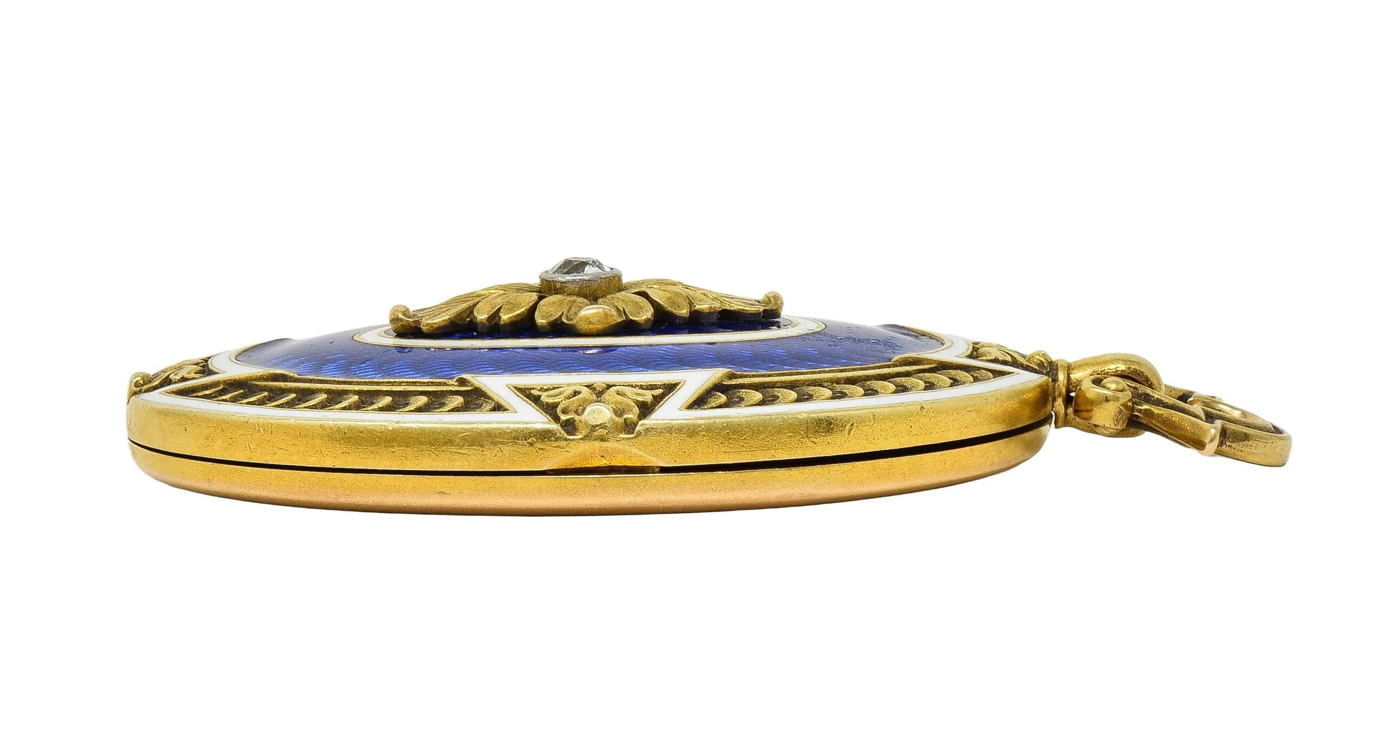 Henry Blank & Co. Victorian Diamond Guilloche Enamel 14 Karat Gold Antique Locket Pendant