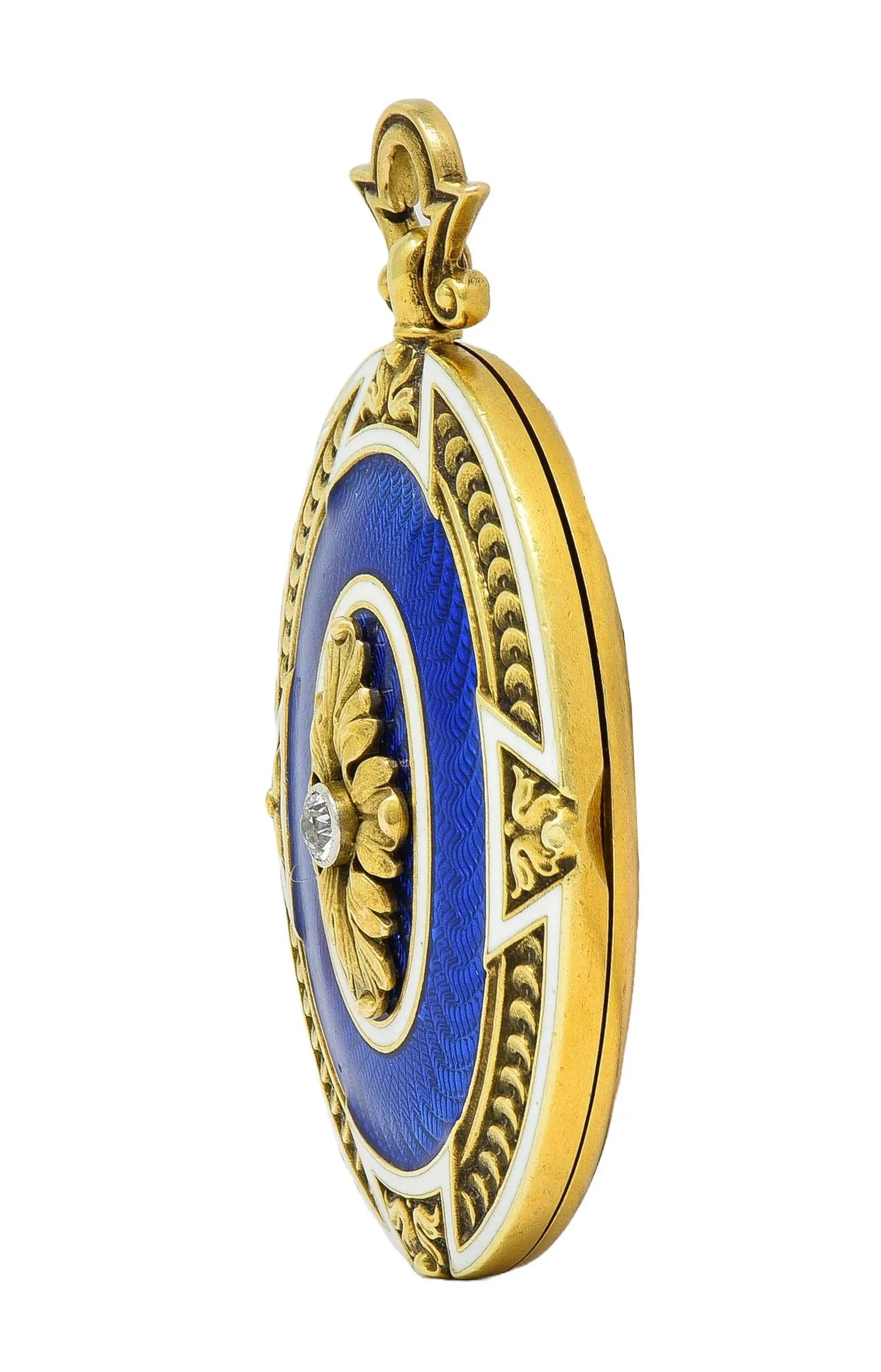 Henry Blank & Co. Victorian Diamond Guilloche Enamel 14 Karat Gold Antique Locket Pendant