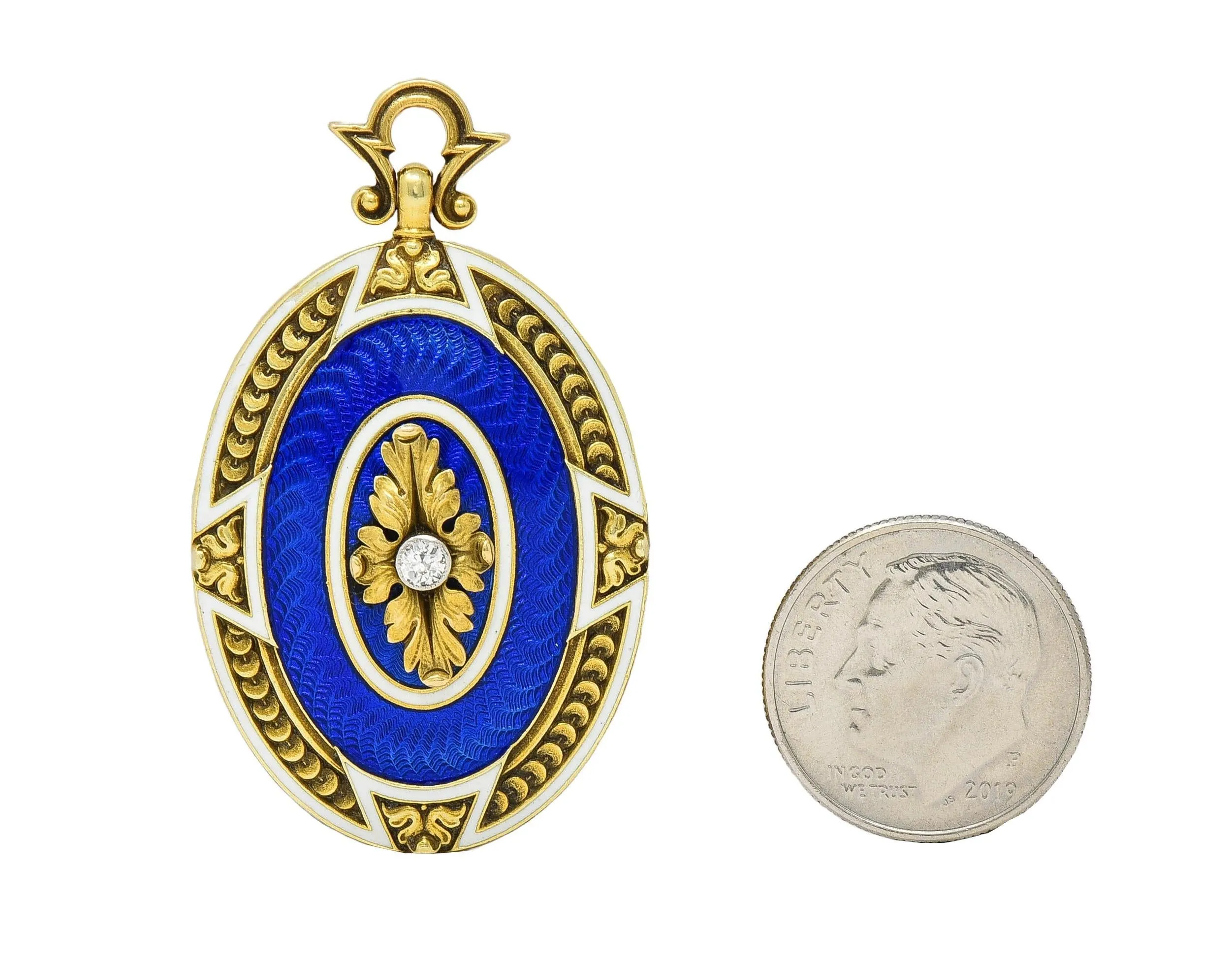 Henry Blank & Co. Victorian Diamond Guilloche Enamel 14 Karat Gold Antique Locket Pendant