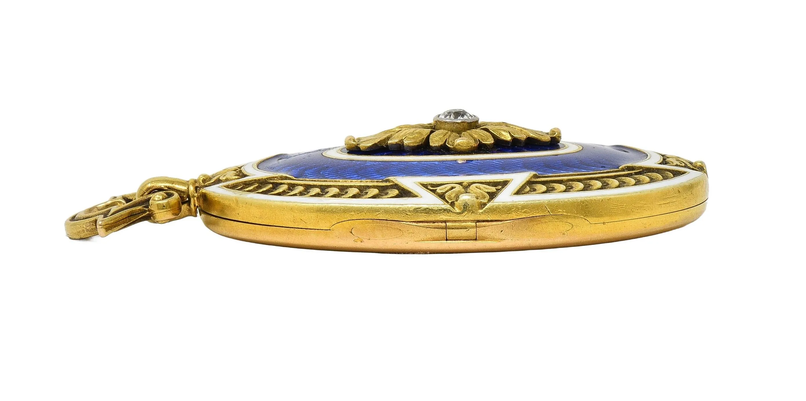 Henry Blank & Co. Victorian Diamond Guilloche Enamel 14 Karat Gold Antique Locket Pendant