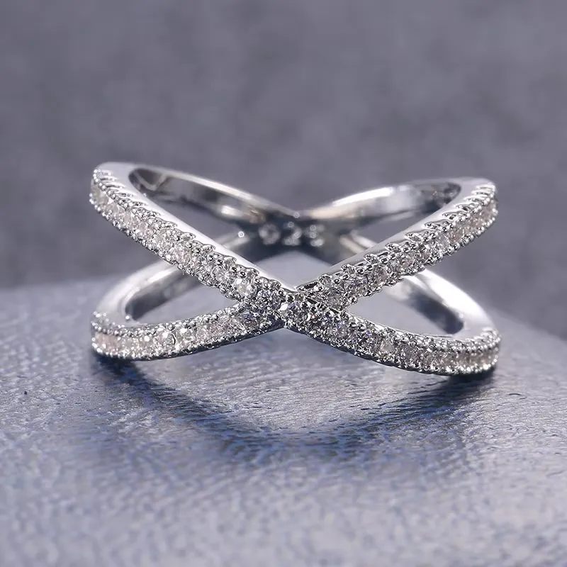 Huitan Luxury Cross X Shape Women Engagement Ring Full Paved CZ Stone Silver Color Elegant Simple Female Jewelry Ring Hot Sale
