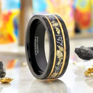 INFINIA | Black Tungsten Ring, Hammered, Gold Flakes, Meteorite Inlay