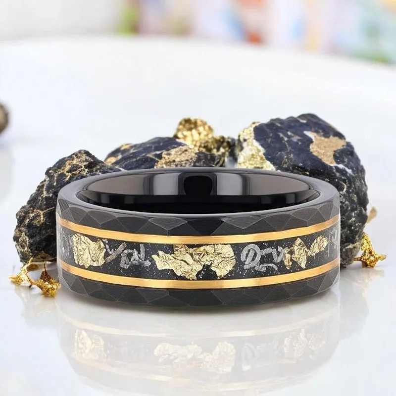 INFINIA | Black Tungsten Ring, Hammered, Gold Flakes, Meteorite Inlay