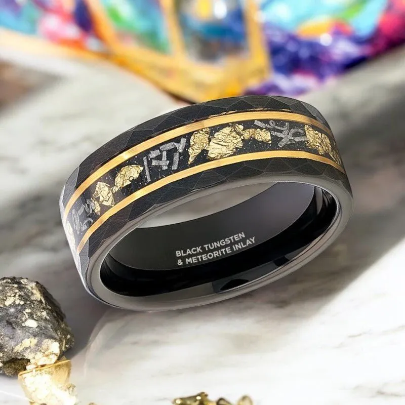 INFINIA | Black Tungsten Ring, Hammered, Gold Flakes, Meteorite Inlay