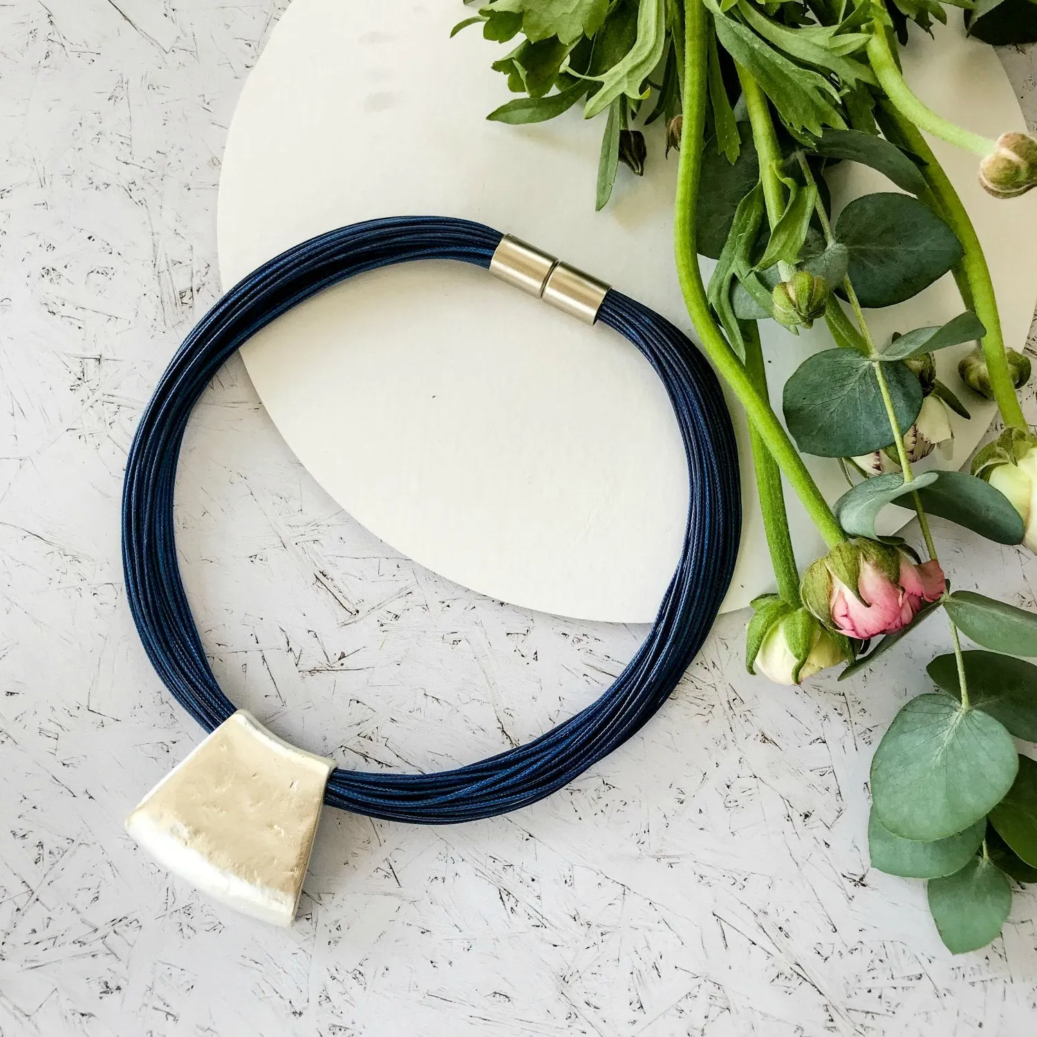 Jessica - Bold blue cord & sterling silver pendant necklace